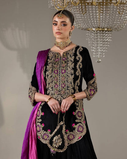 TWIRL IN ELEGANCE EXCLUSIVE FARSI SALWAR SUIT IN FRENCH CRAPE FABRIC TOP PANT DUPATTA