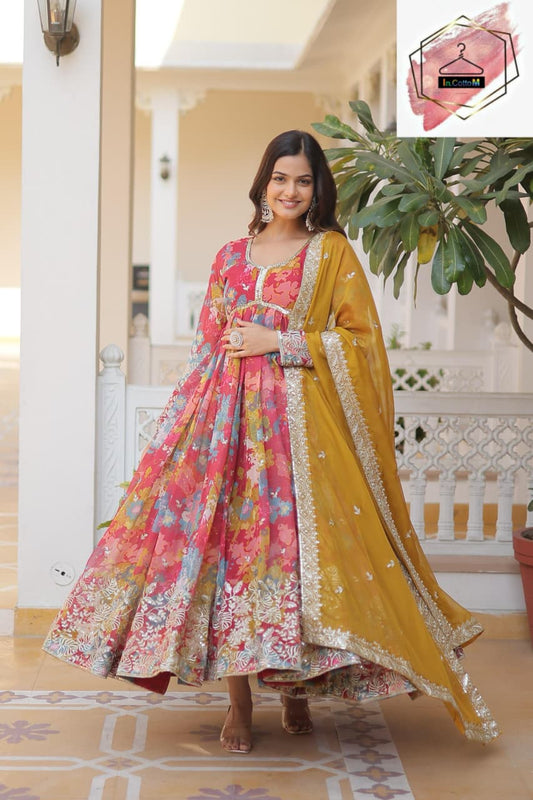 PINK DIGITAL PRINTED RUSSIAN SILK EMBROIDERY WORK GOWN