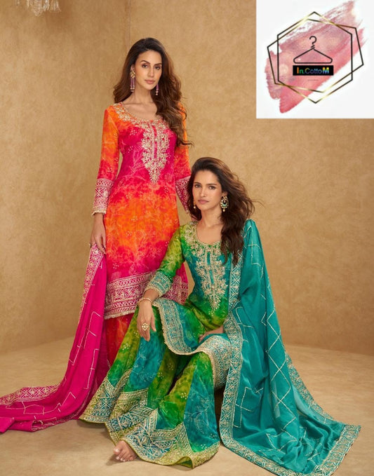WOMEN CHINON SILK EMBROIDERY WORK KURTA WITH SHARARA & DUPATTA
