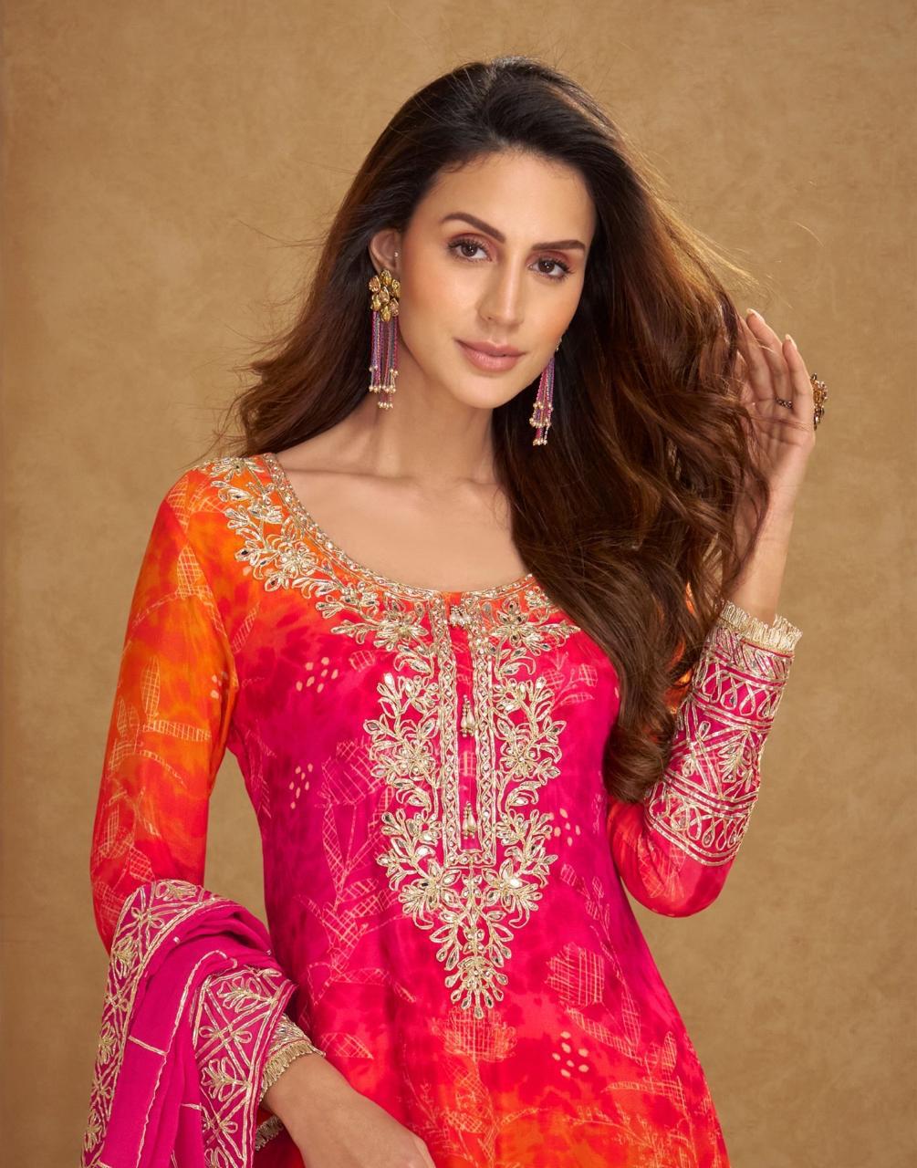 WOMEN CHINON SILK EMBROIDERY WORK KURTA WITH SHARARA & DUPATTA