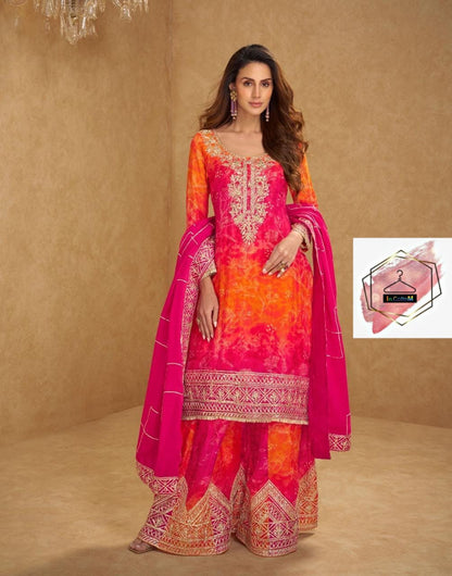 WOMEN CHINON SILK EMBROIDERY WORK KURTA WITH SHARARA & DUPATTA
