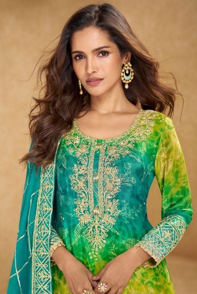 WOMEN CHINON SILK EMBROIDERY WORK KURTA WITH SHARARA & DUPATTA