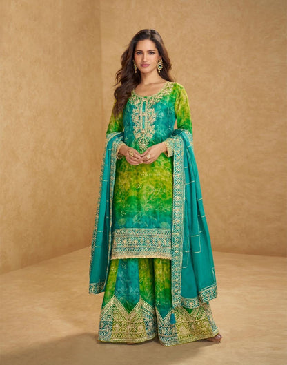 WOMEN CHINON SILK EMBROIDERY WORK KURTA WITH SHARARA & DUPATTA