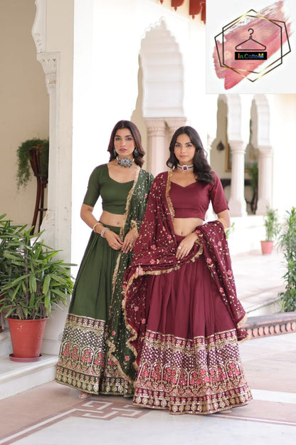 PURE VICHITRA SILK HEAVY SEQUENCE & THREAD EMBROIDERY WORK LEHENGA SET