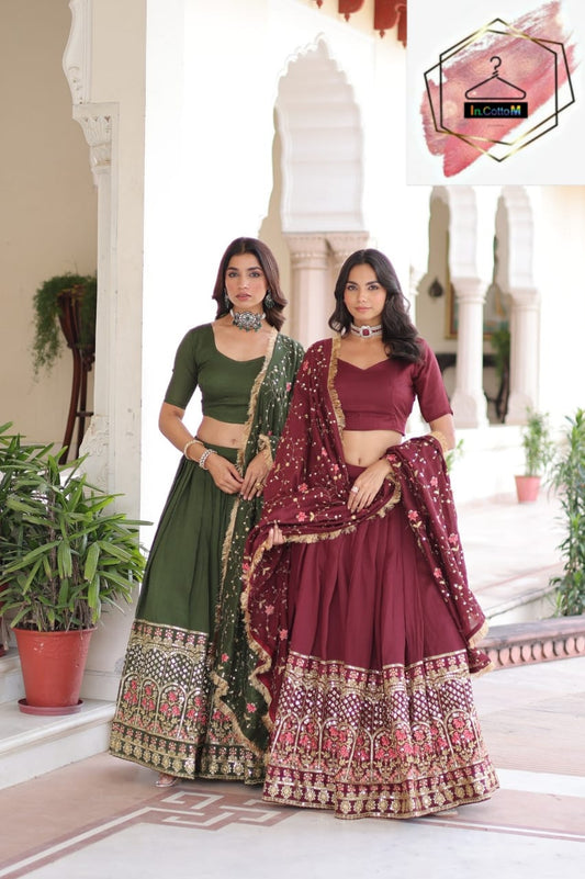 PURE VICHITRA SILK HEAVY SEQUENCE & THREAD EMBROIDERY WORK LEHENGA SET