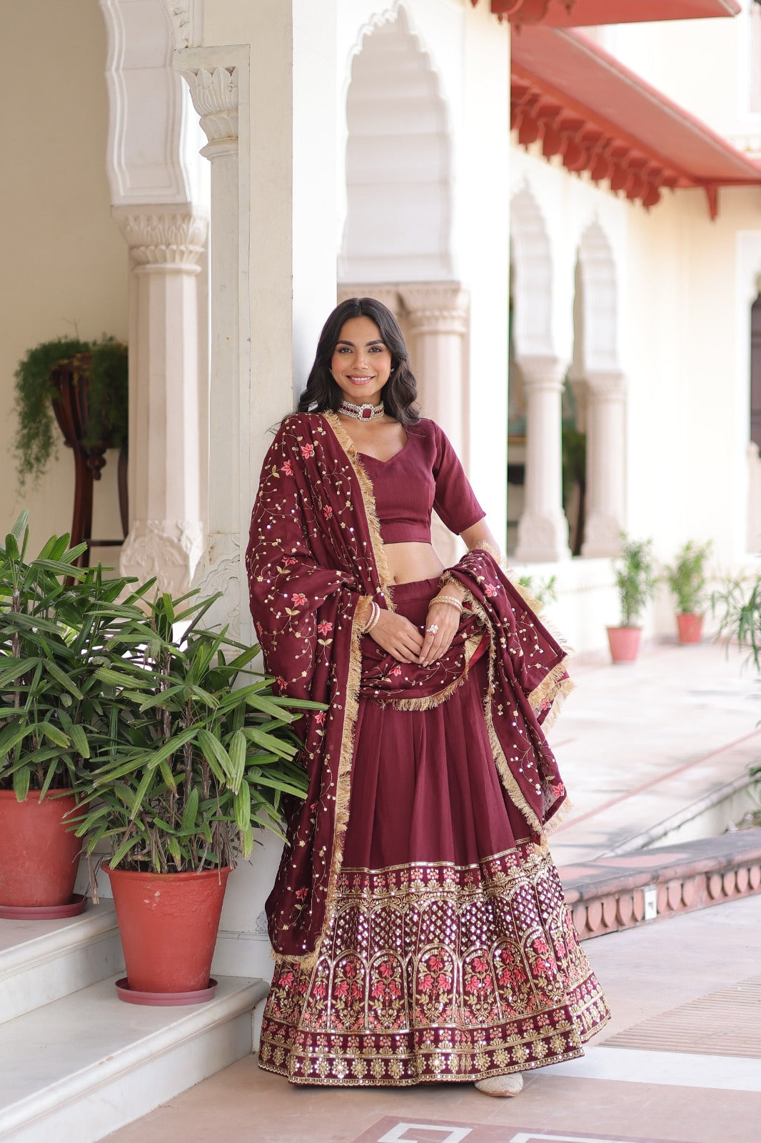 PURE VICHITRA SILK HEAVY SEQUENCE & THREAD EMBROIDERY WORK LEHENGA SET