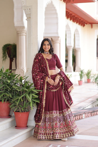 PURE VICHITRA SILK HEAVY SEQUENCE & THREAD EMBROIDERY WORK LEHENGA SET