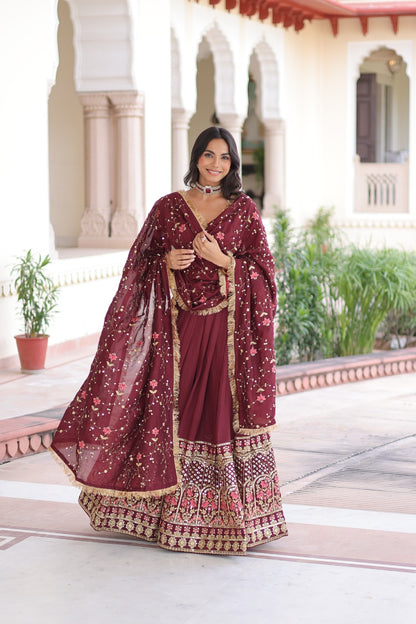 PURE VICHITRA SILK HEAVY SEQUENCE & THREAD EMBROIDERY WORK LEHENGA SET