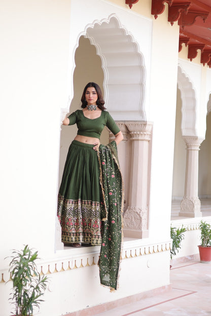 PURE VICHITRA SILK HEAVY SEQUENCE & THREAD EMBROIDERY WORK LEHENGA SET