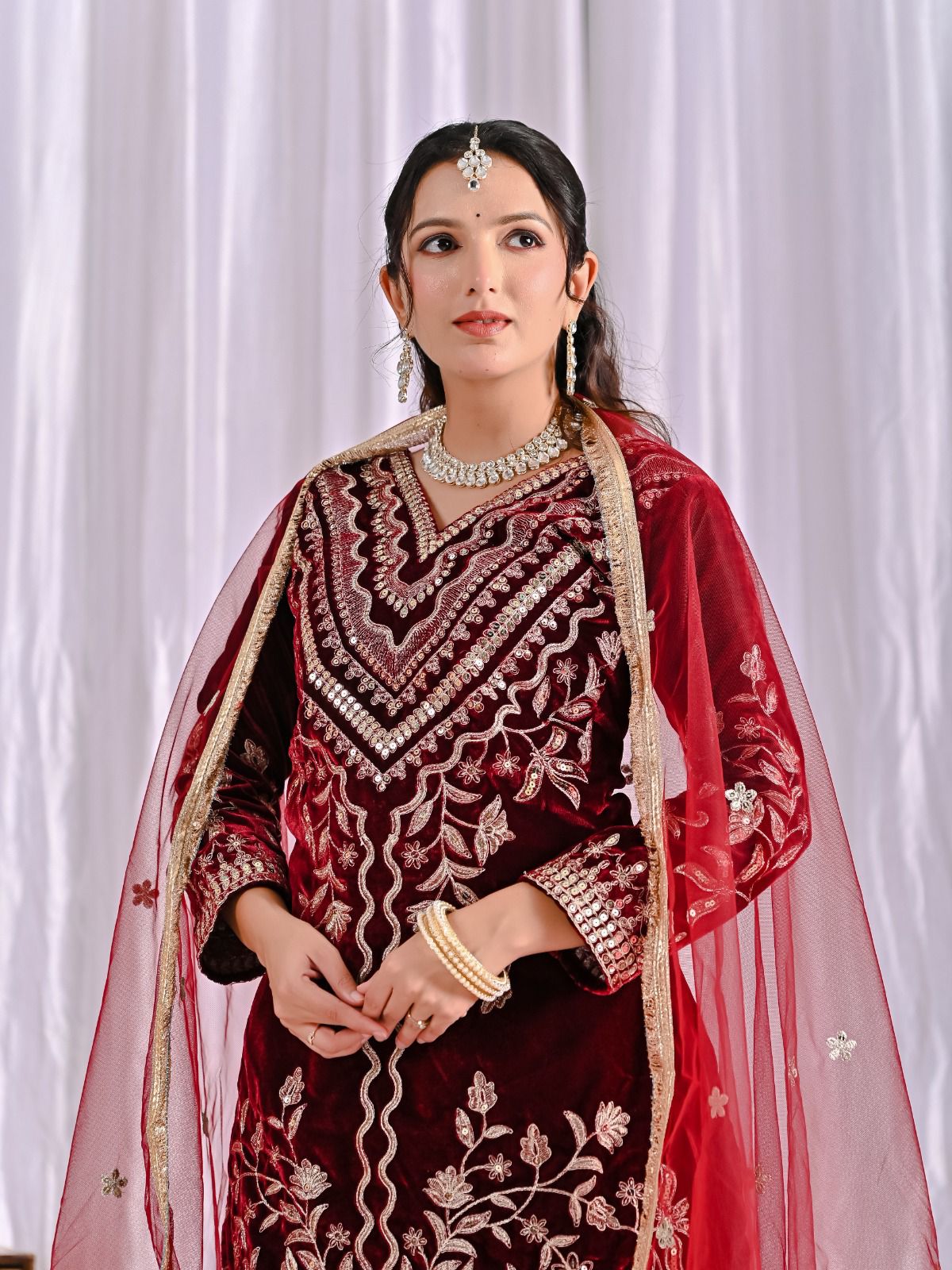 MAROON - MODERN VELVET EMBROIDERY MULTI NEEDLE SEQUENCE WORK TOP DHOTI WITH DUPATTA
