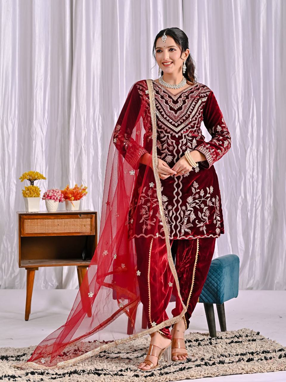 MAROON - MODERN VELVET EMBROIDERY MULTI NEEDLE SEQUENCE WORK TOP DHOTI WITH DUPATTA