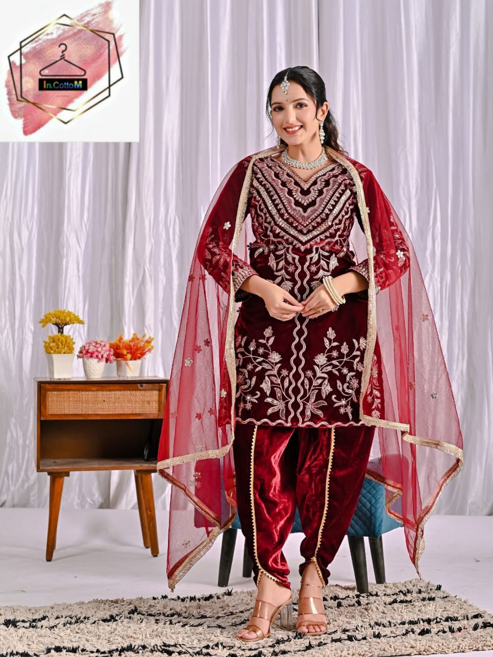 MAROON - MODERN VELVET EMBROIDERY MULTI NEEDLE SEQUENCE WORK TOP DHOTI WITH DUPATTA