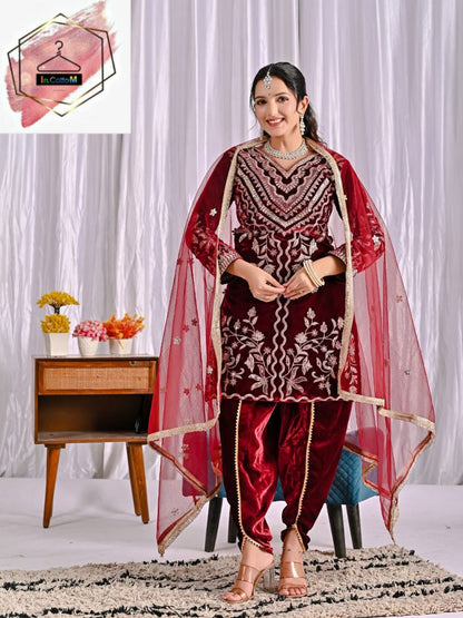 MAROON - MODERN VELVET EMBROIDERY MULTI NEEDLE SEQUENCE WORK TOP DHOTI WITH DUPATTA