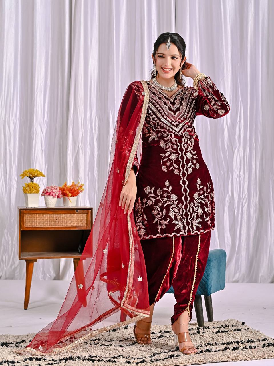 MAROON - MODERN VELVET EMBROIDERY MULTI NEEDLE SEQUENCE WORK TOP DHOTI WITH DUPATTA