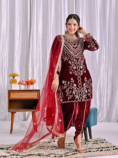 MAROON - MODERN VELVET EMBROIDERY MULTI NEEDLE SEQUENCE WORK TOP DHOTI WITH DUPATTA
