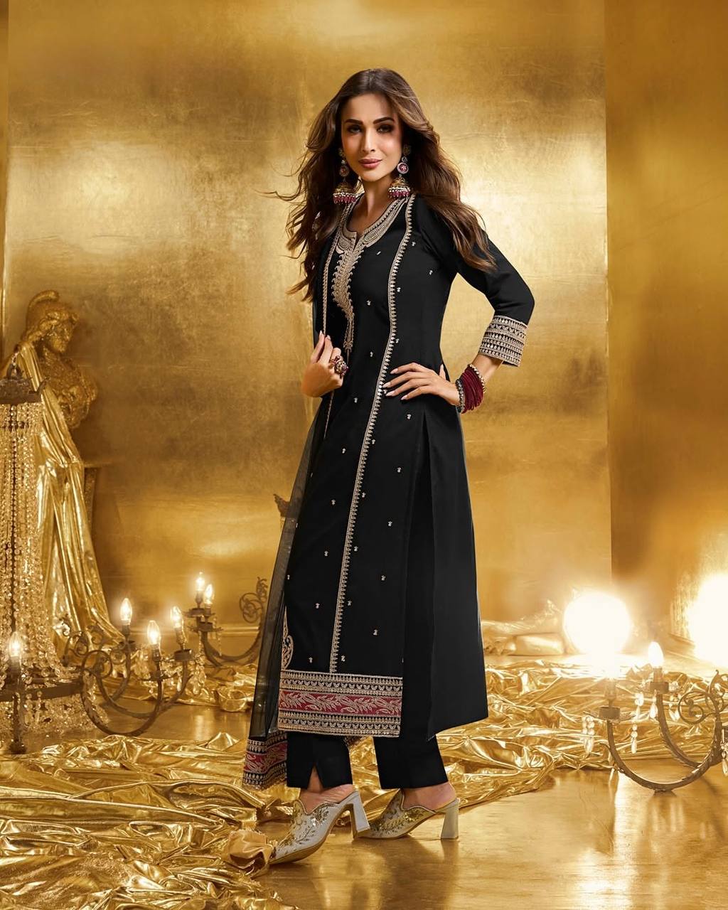 MALAIKA - BLACK STRAIGHT PARTY WEAR KURTI BOTTOM & DUPATTA SET