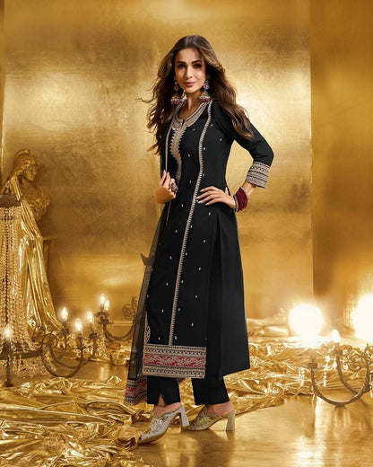 MALAIKA - BLACK STRAIGHT PARTY WEAR KURTI BOTTOM & DUPATTA SET