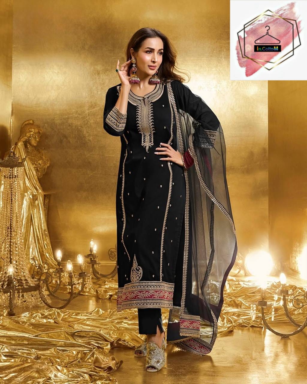 MALAIKA - BLACK STRAIGHT PARTY WEAR KURTI BOTTOM & DUPATTA SET