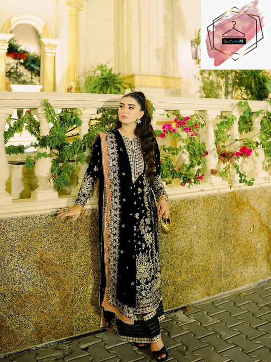 BLACK VELVET SEQUENCE WORK DESIGNER PARTY WEAR KURTI PLAZZO & DUPATTA SET
