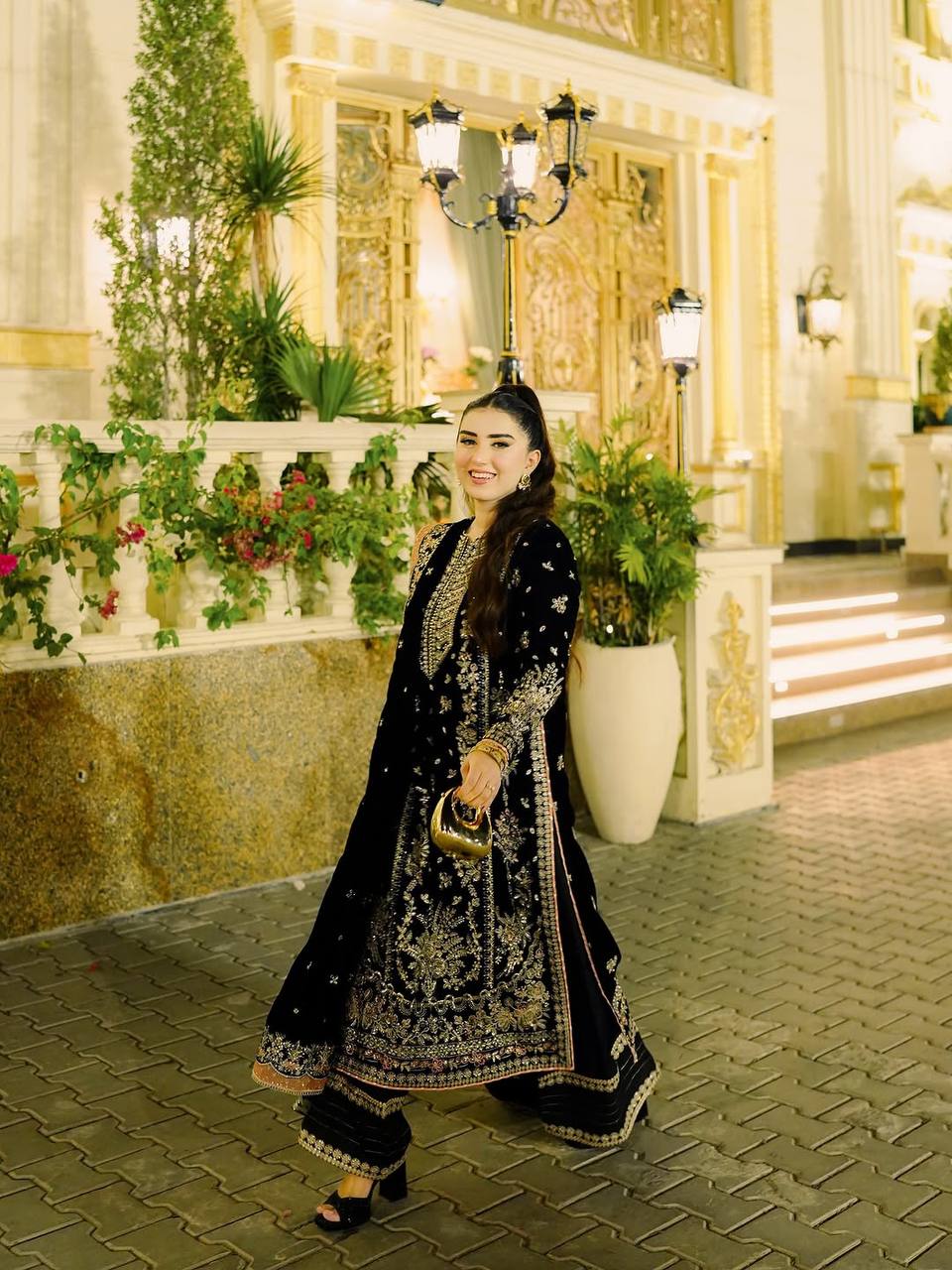 BLACK VELVET SEQUENCE WORK DESIGNER PARTY WEAR KURTI PLAZZO & DUPATTA SET