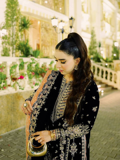 BLACK VELVET SEQUENCE WORK DESIGNER PARTY WEAR KURTI PLAZZO & DUPATTA SET