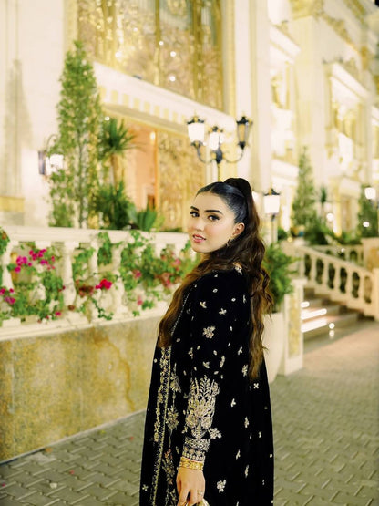 BLACK VELVET SEQUENCE WORK DESIGNER PARTY WEAR KURTI PLAZZO & DUPATTA SET
