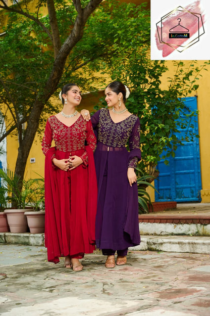 MODERN FAUX BLOOMING MULTI THREADED BEADS EMBROIDERED WORK TOP BOTTOM WITH DUPATTA PURPLE