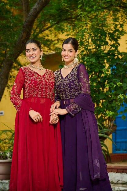 MODERN FAUX BLOOMING MULTI THREADED BEADS EMBROIDERED WORK TOP BOTTOM WITH DUPATTA PURPLE