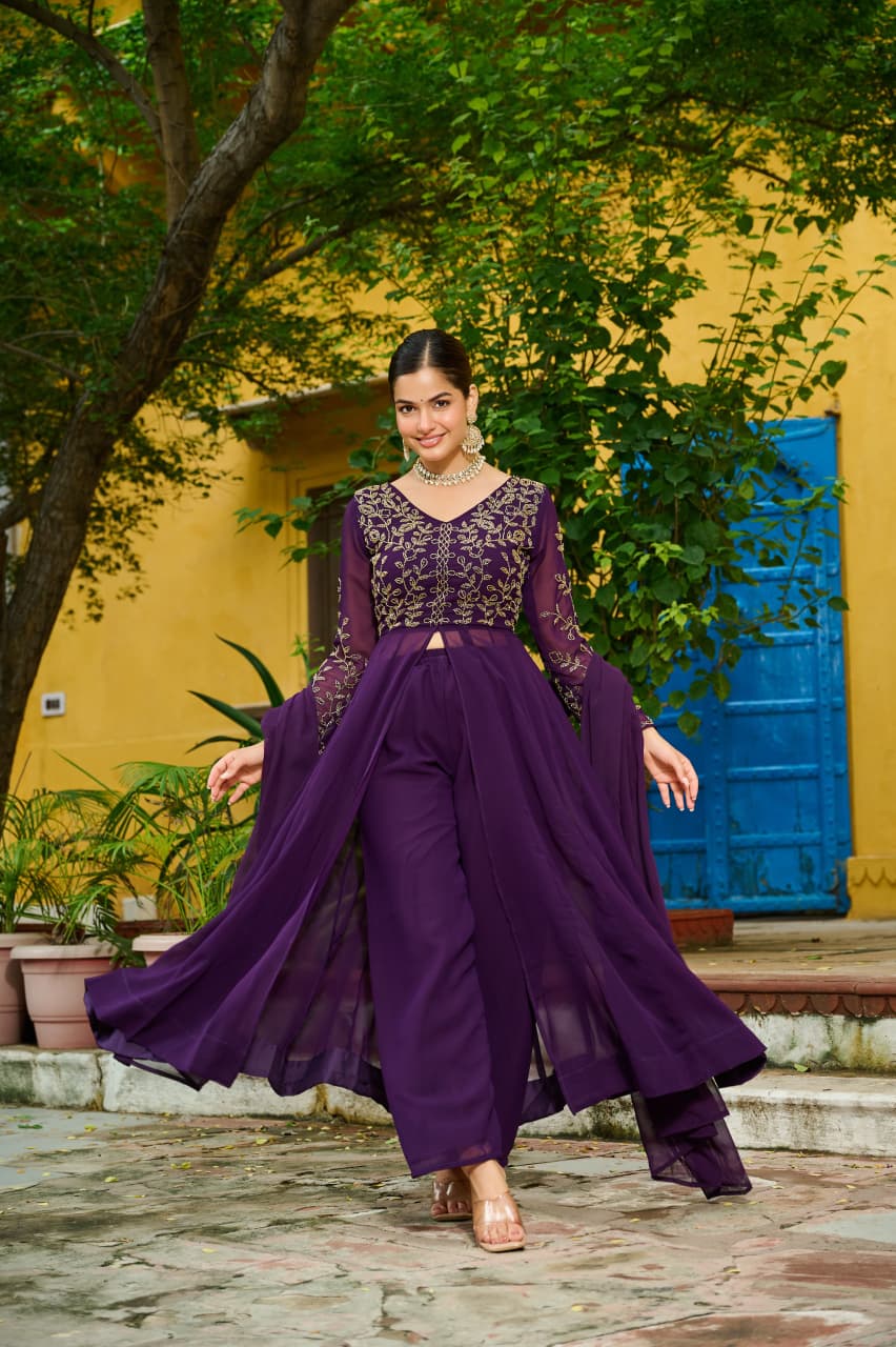MODERN FAUX BLOOMING MULTI THREADED BEADS EMBROIDERED WORK TOP BOTTOM WITH DUPATTA PURPLE
