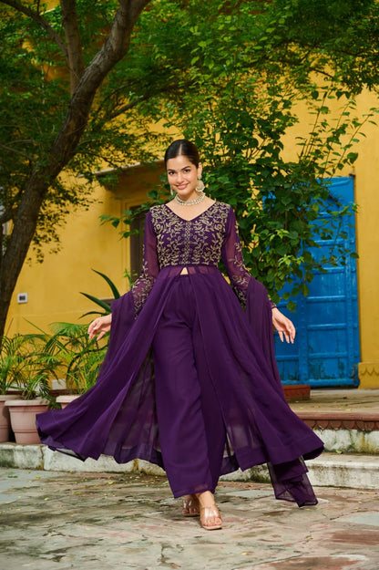 MODERN FAUX BLOOMING MULTI THREADED BEADS EMBROIDERED WORK TOP BOTTOM WITH DUPATTA PURPLE
