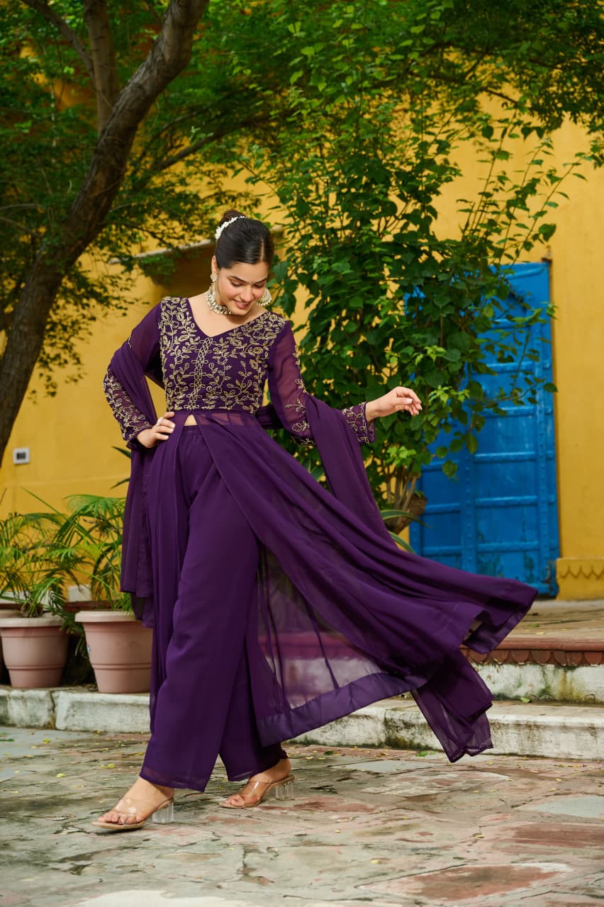 MODERN FAUX BLOOMING MULTI THREADED BEADS EMBROIDERED WORK TOP BOTTOM WITH DUPATTA PURPLE
