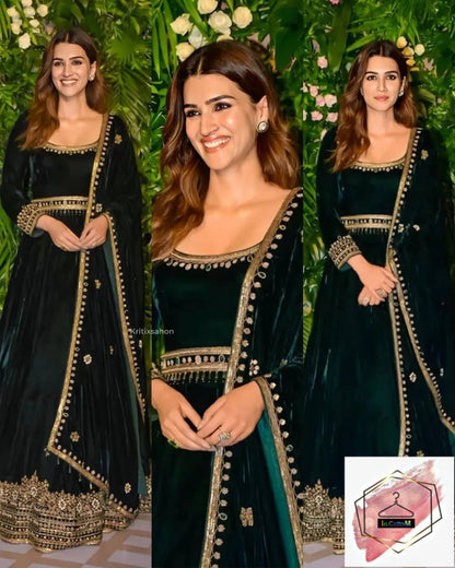 DARK GREEN DESIGNER HEAVY VELVET GOWN & DUPATTA