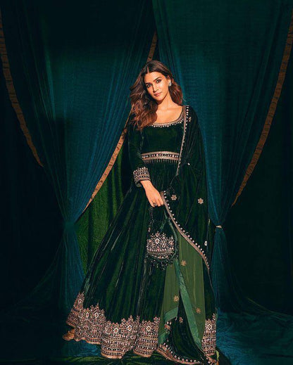 DARK GREEN DESIGNER HEAVY VELVET GOWN & DUPATTA