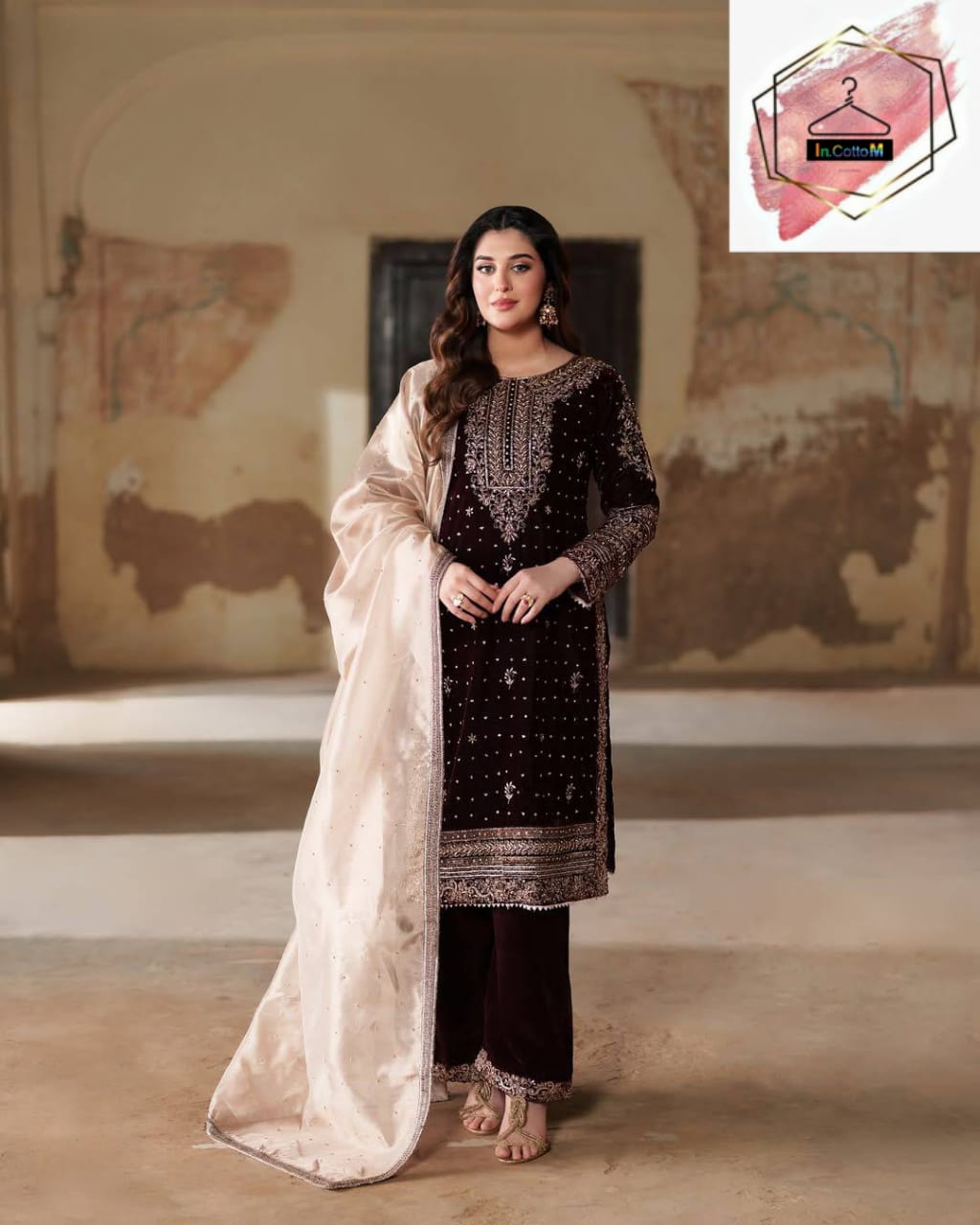 MAROON PREMIUM VELVET EMBROIDERY WORK LACE SALWAR SUIT