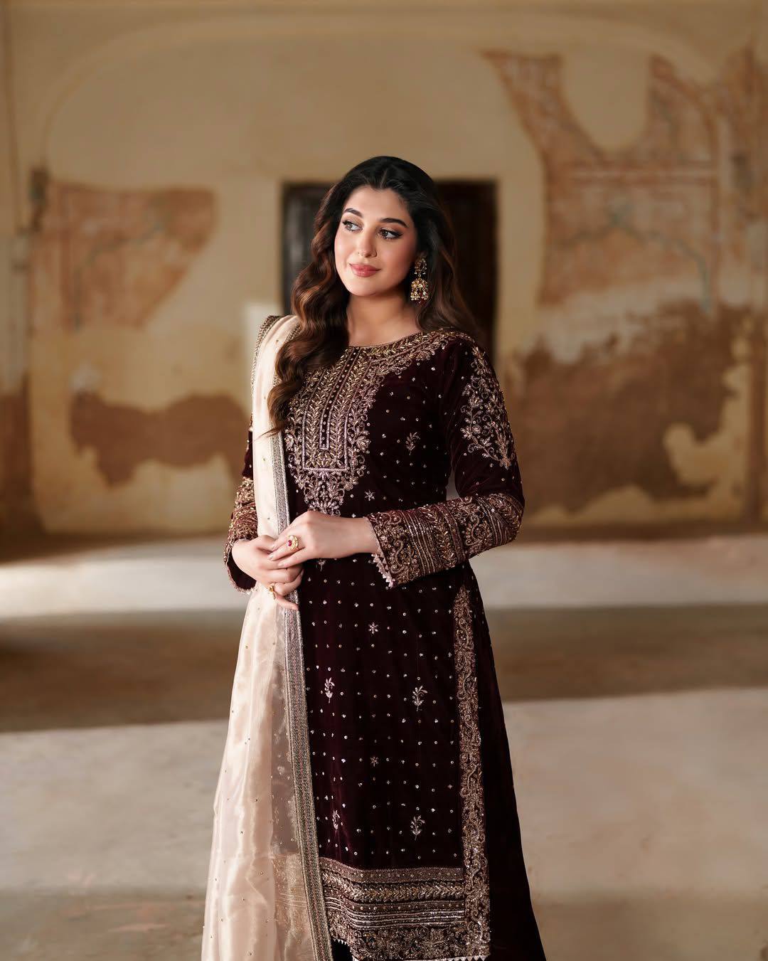 MAROON PREMIUM VELVET EMBROIDERY WORK LACE SALWAR SUIT