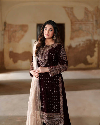 MAROON PREMIUM VELVET EMBROIDERY WORK LACE SALWAR SUIT