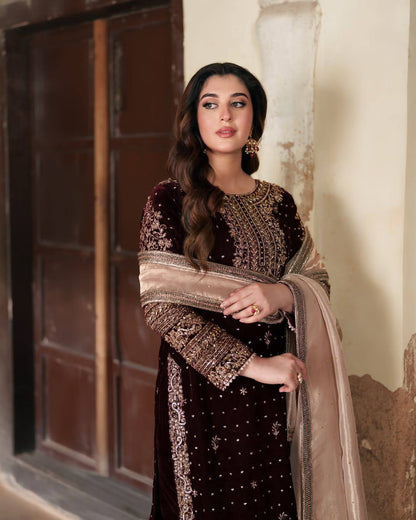 MAROON PREMIUM VELVET EMBROIDERY WORK LACE SALWAR SUIT