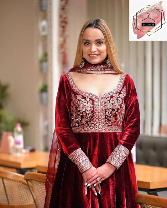 MAROON - DESIGNER EMBROIDERD HEAVY VELVET ANARKALI WITH DUPATTA & PLAZZO