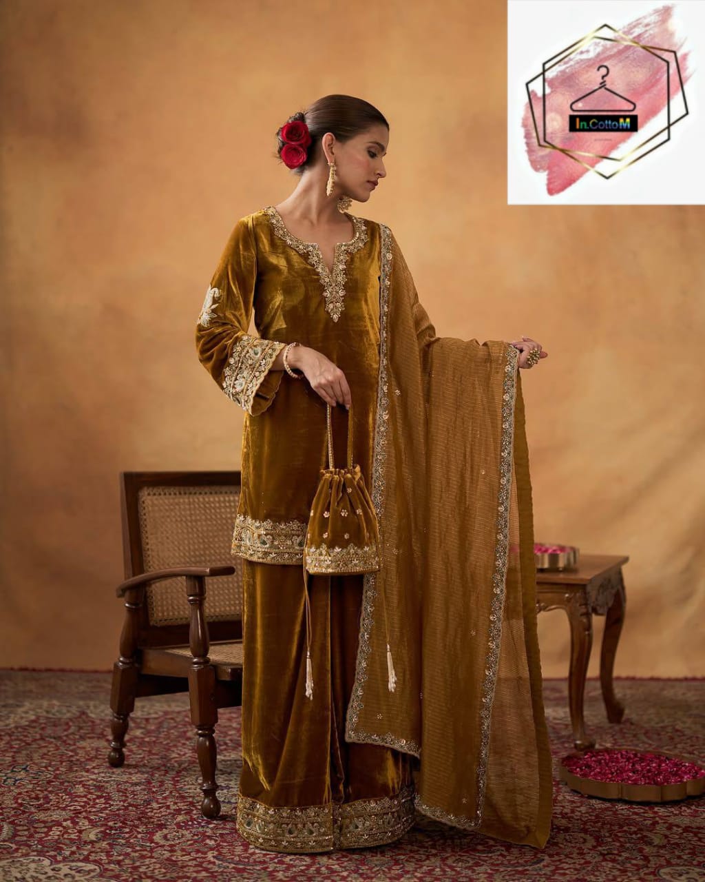 YELLOW SILK, VELVET, TISSUE EMBROIDERY , ZARI SPLIT ZAINAB KURTA PLAZZO SET