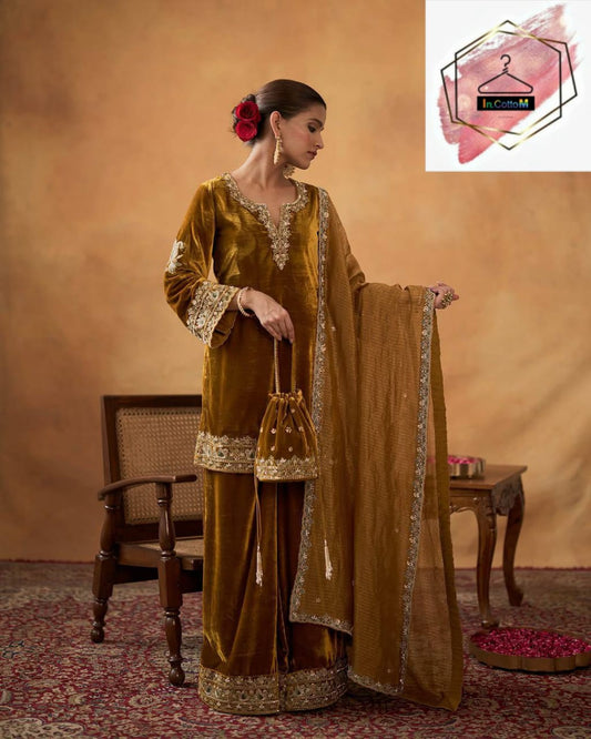 YELLOW SILK, VELVET, TISSUE EMBROIDERY , ZARI SPLIT ZAINAB KURTA PLAZZO SET