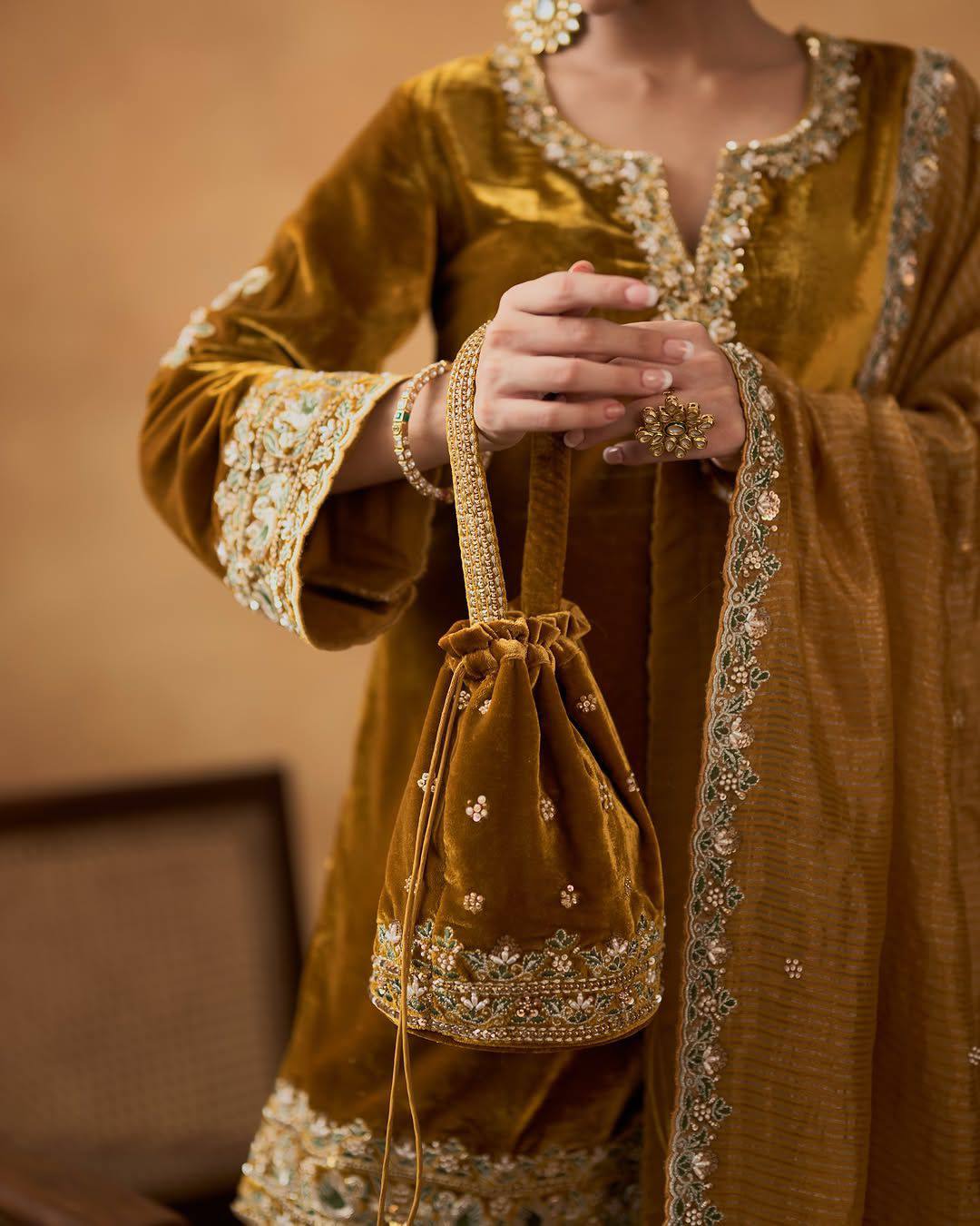 YELLOW SILK, VELVET, TISSUE EMBROIDERY , ZARI SPLIT ZAINAB KURTA PLAZZO SET