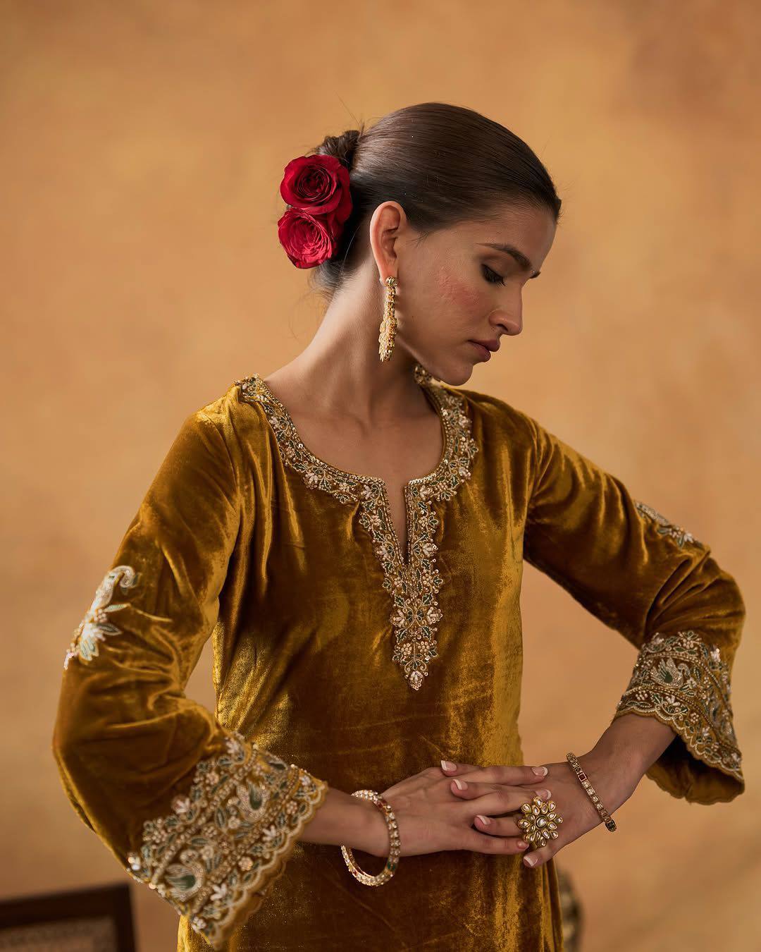 YELLOW SILK, VELVET, TISSUE EMBROIDERY , ZARI SPLIT ZAINAB KURTA PLAZZO SET