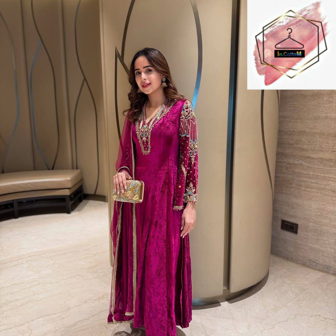 WINE - PREMIUM MULTI COLOUR EMBROIDERY WORK DESIGNER VELVET KURTI PANT DUPATTA SET