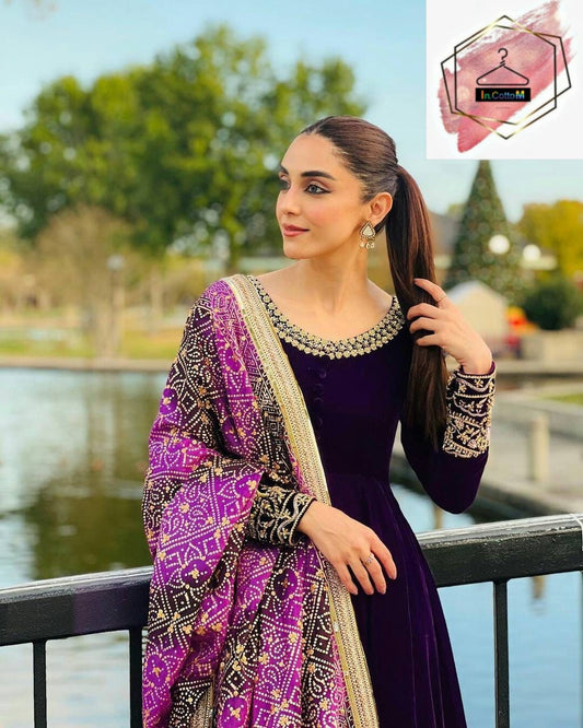 PURPLE - HEAVY VELVET EMBROIDERY WORK ANARKALI WITH DUPATTA