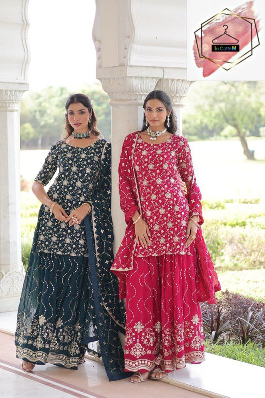 LATEST NEW DESIGNER  FAUX GEORGETTE PLAZZO SET WITH EMBROIDERY WORK