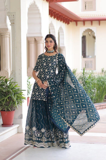 LATEST NEW DESIGNER  FAUX GEORGETTE PLAZZO SET WITH EMBROIDERY WORK