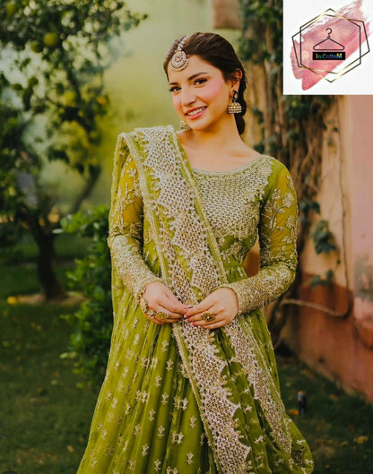 GREEN - FAUX GEORGETTE ANARKALI GOWN PANT & DUPATTA SET OF 3