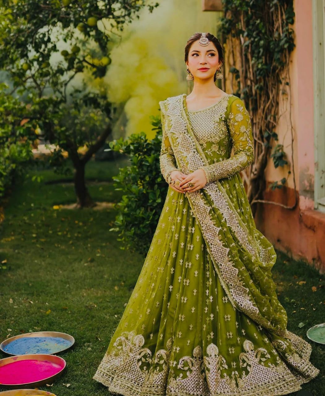GREEN - FAUX GEORGETTE ANARKALI GOWN PANT & DUPATTA SET OF 3