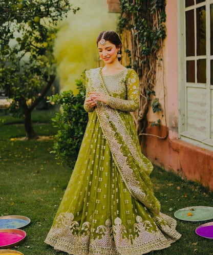 GREEN - FAUX GEORGETTE ANARKALI GOWN PANT & DUPATTA SET OF 3