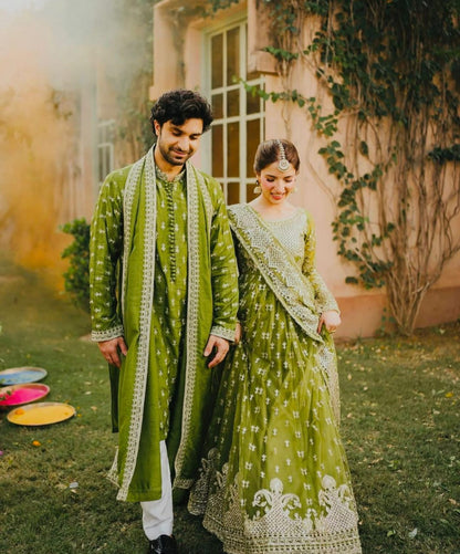 GREEN - FAUX GEORGETTE ANARKALI GOWN PANT & DUPATTA SET OF 3